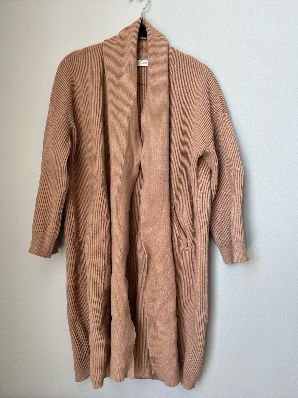 Mango Long Open-Front Ribbed Cardigan - Tan
